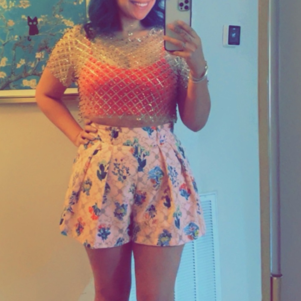 SHEIN Pleated High Waisted Floral Print Flowy Shorts SZ Large